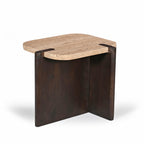 Three-quarter view of the Carter Marble Side Table on a white background, displaying the natural travertine marble top, rounded edges, and bold dark timber base.