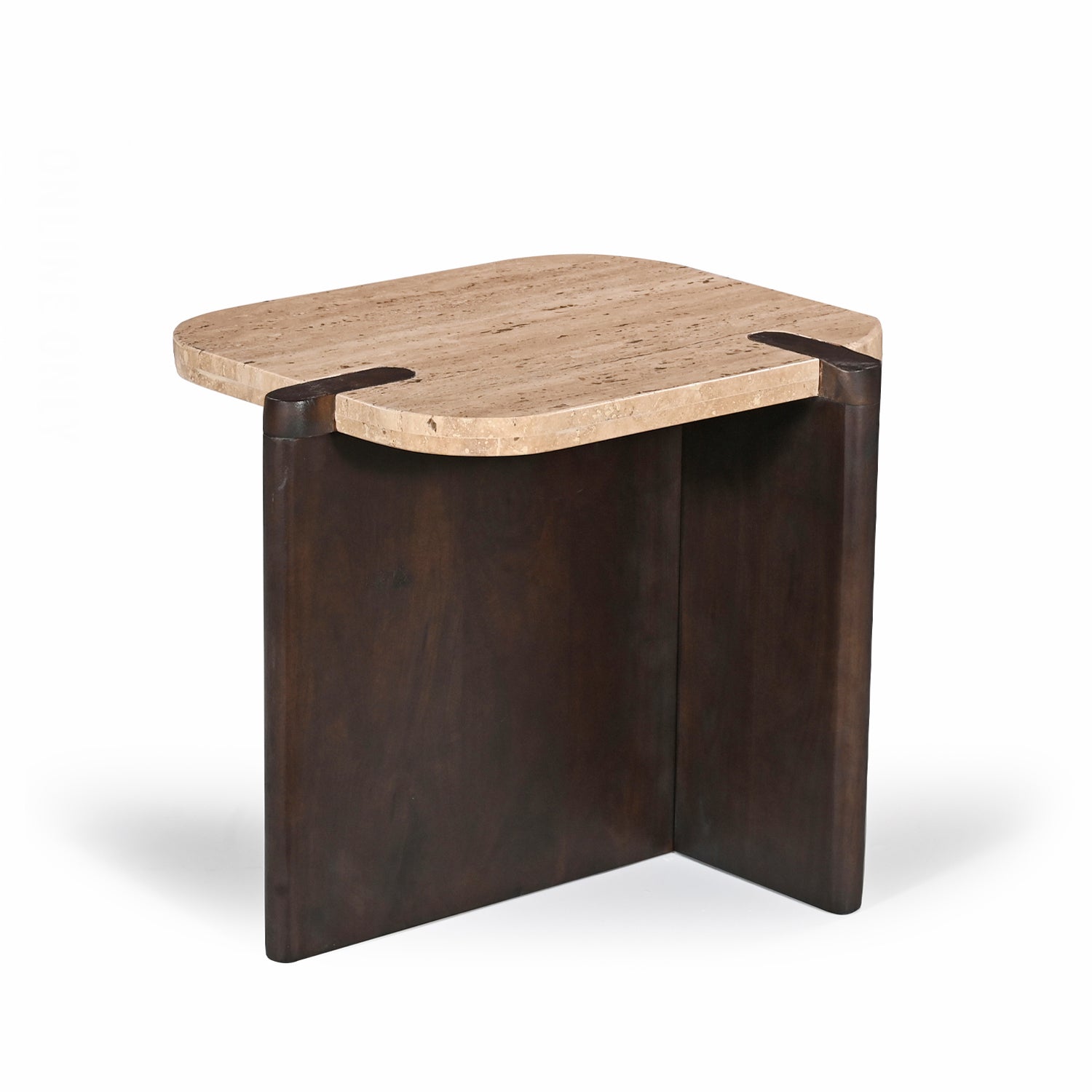 Three-quarter view of the Carter Marble Side Table on a white background, displaying the natural travertine marble top, rounded edges, and bold dark timber base.