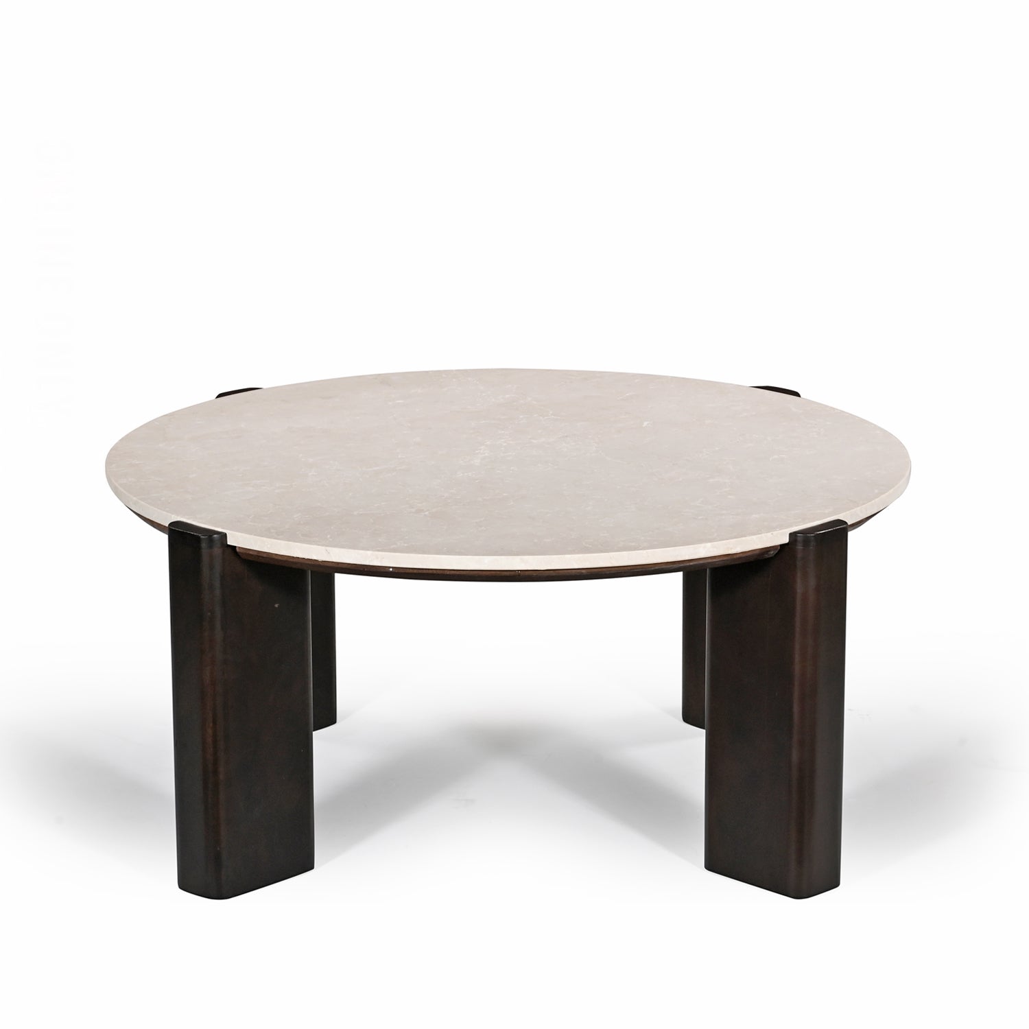 Round coffee table with a cream marble top and chunky dark brown timber legs, shown on a white background.