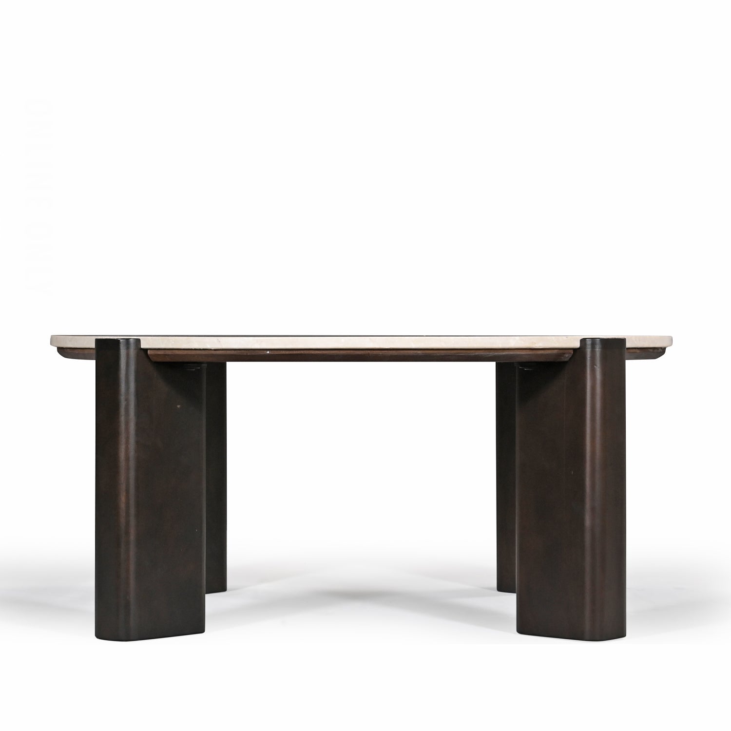 Side profile of the round coffee table highlighting the slim marble top and four solid dark brown timber legs.