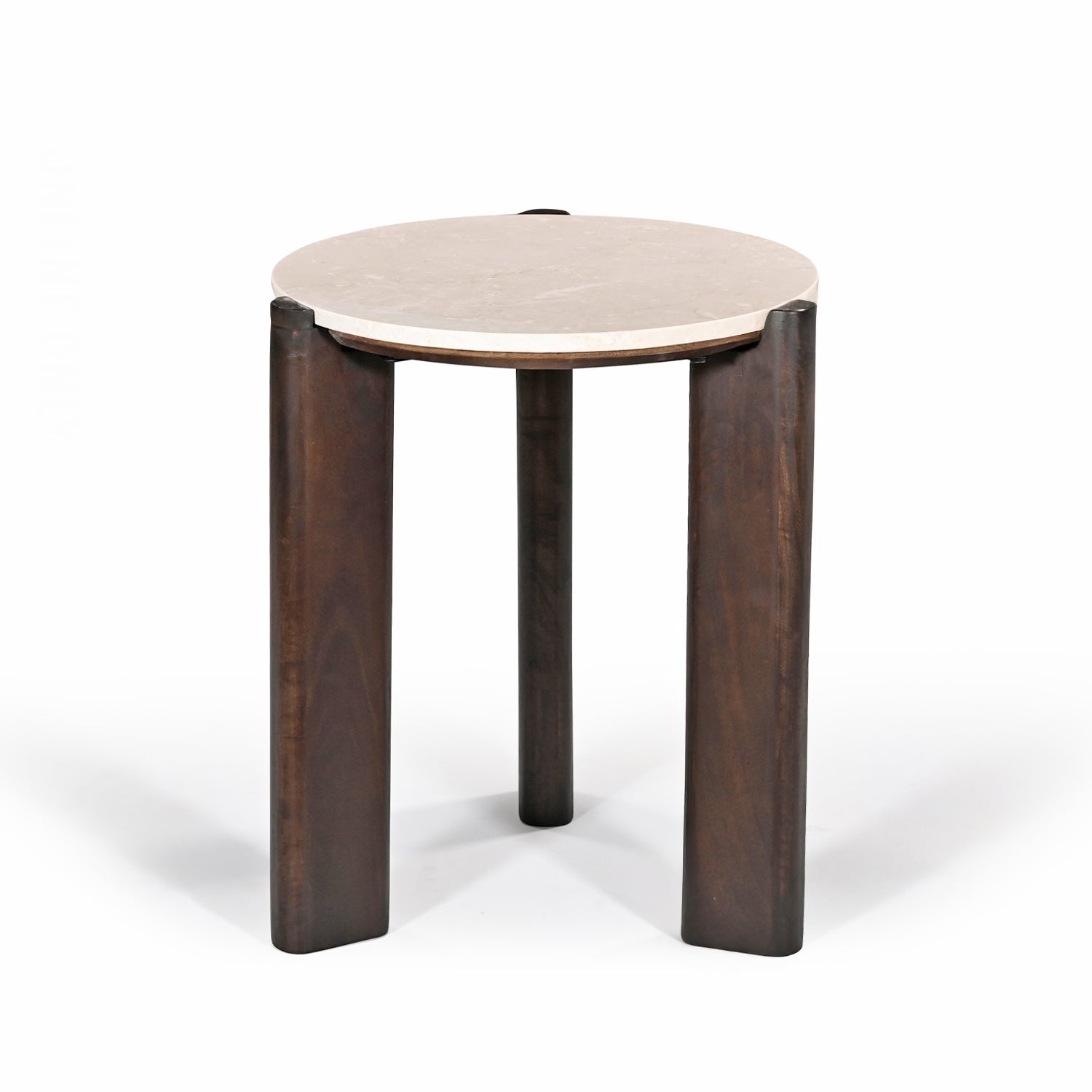 Three-quarter view of the round side table showcasing the cream marble top and chunky dark brown timber legs on a white background.