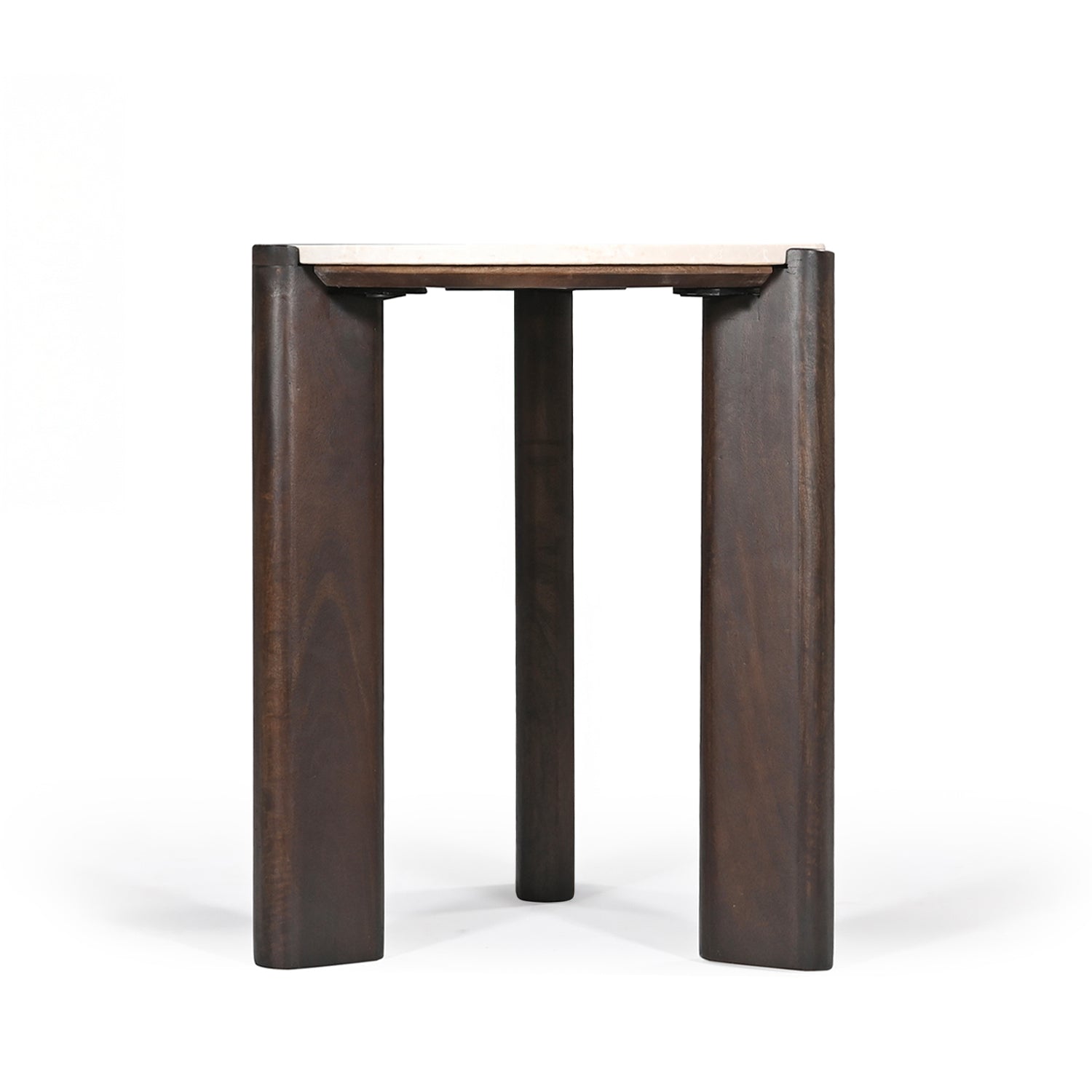 Side profile of the round side table featuring a slim cream marble top and three visible solid dark brown timber legs on a white background.