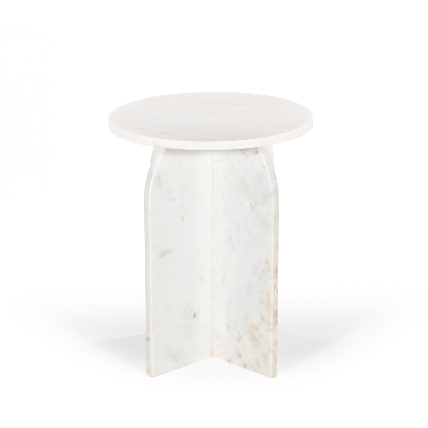 Three-quarter view of the white marble side table on a white background, displaying the sculptural base and premium marble construction.