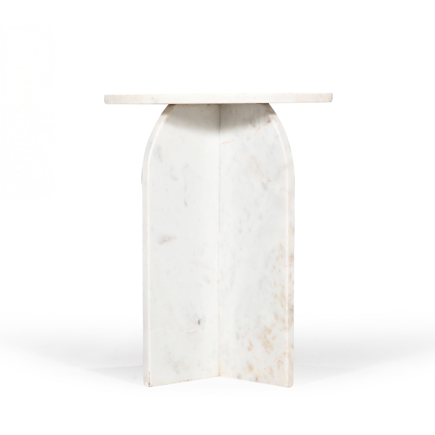 Side profile of the white marble side table on a white background, emphasising the slim round top and architectural pedestal silhouette.