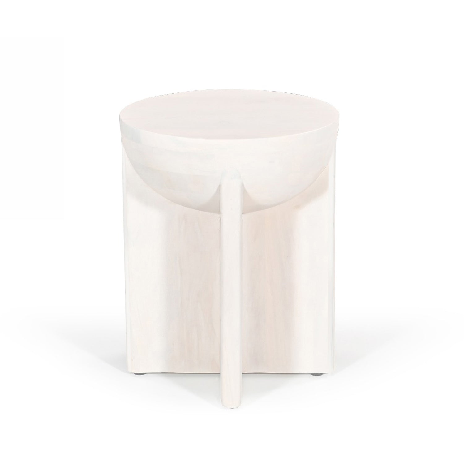 Amparo mango wood side table in white wood shown front-on against a plain white background, highlighting the rounded tabletop and curved front leg detail.