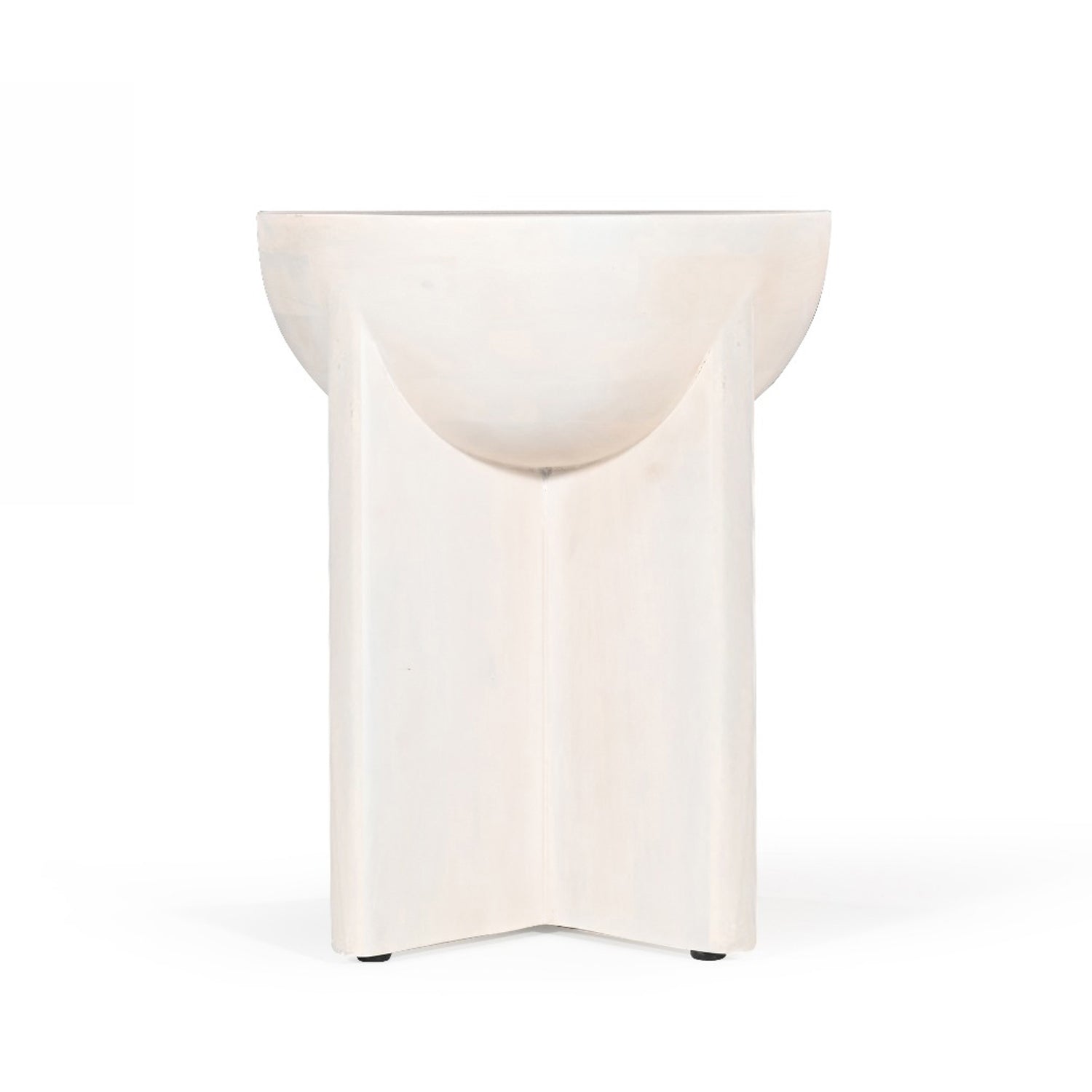Amparo mango wood side table in white wood shown from the back against a plain white background, showing the smooth curved top and panelled base.