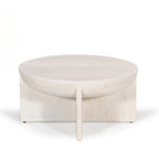 Amparo mango wood coffee table in white wood shown front-on against a plain white background, featuring a round top and centre leg detail.