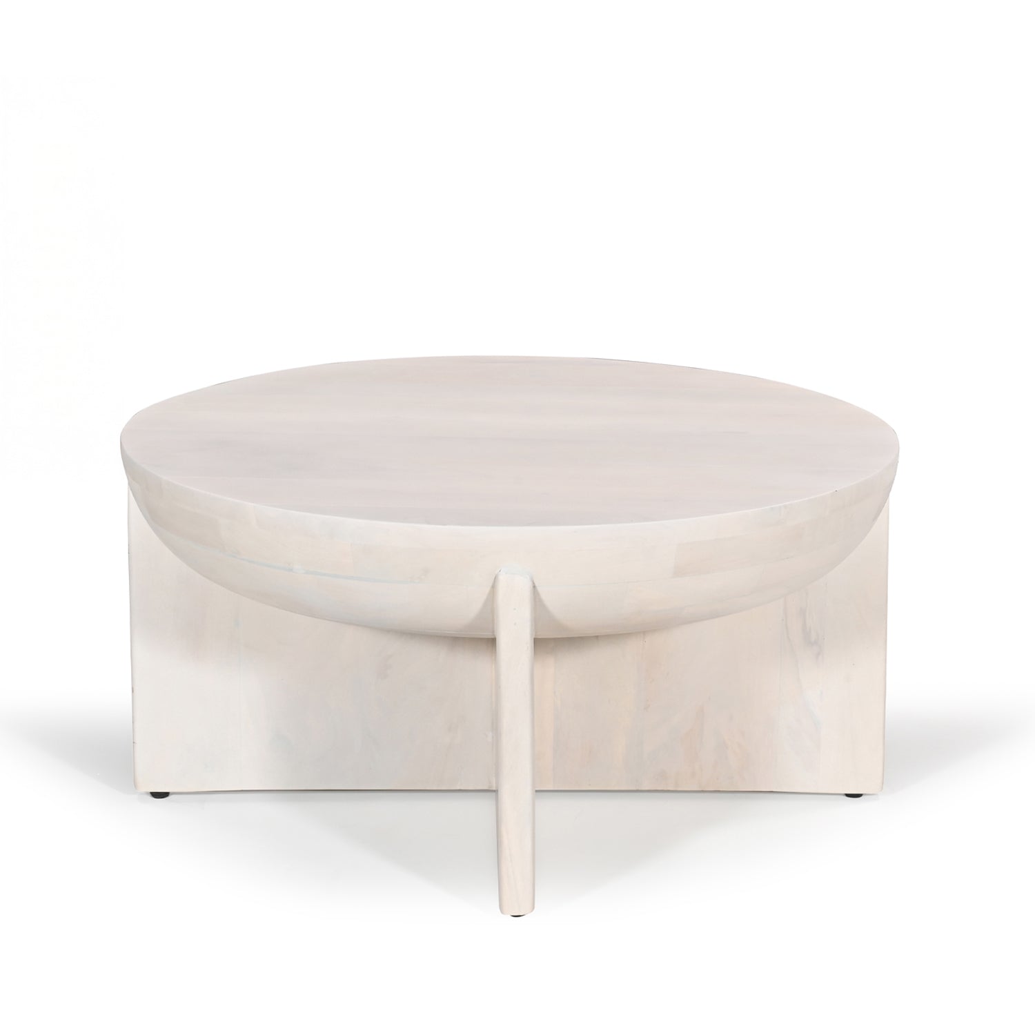 Amparo mango wood coffee table in white wood shown front-on against a plain white background, featuring a round top and centre leg detail.