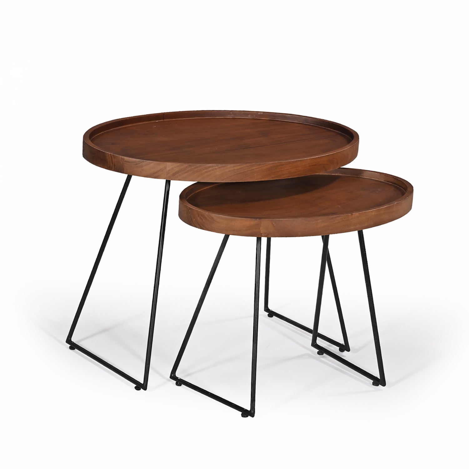 Amparo Acacia nesting coffee tables with round wooden tops and black iron legs.