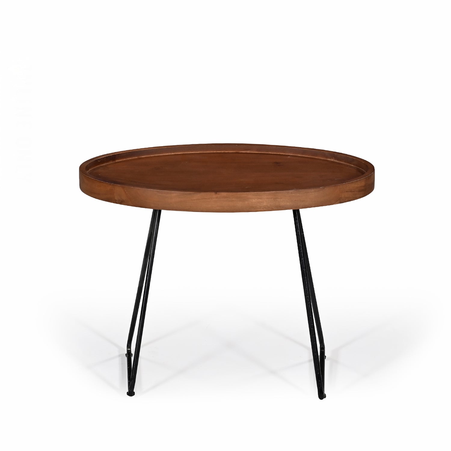 Large Amparo Acacia coffee table with round wooden tray-style top and black iron legs.