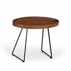 Large Amparo Acacia coffee table with natural wood top and black iron hairpin legs.