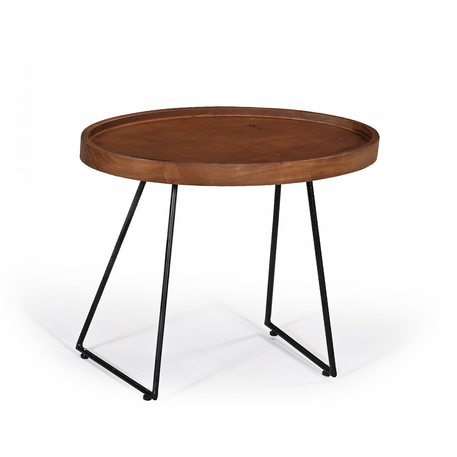 Large Amparo Acacia coffee table with natural wood top and black iron hairpin legs.