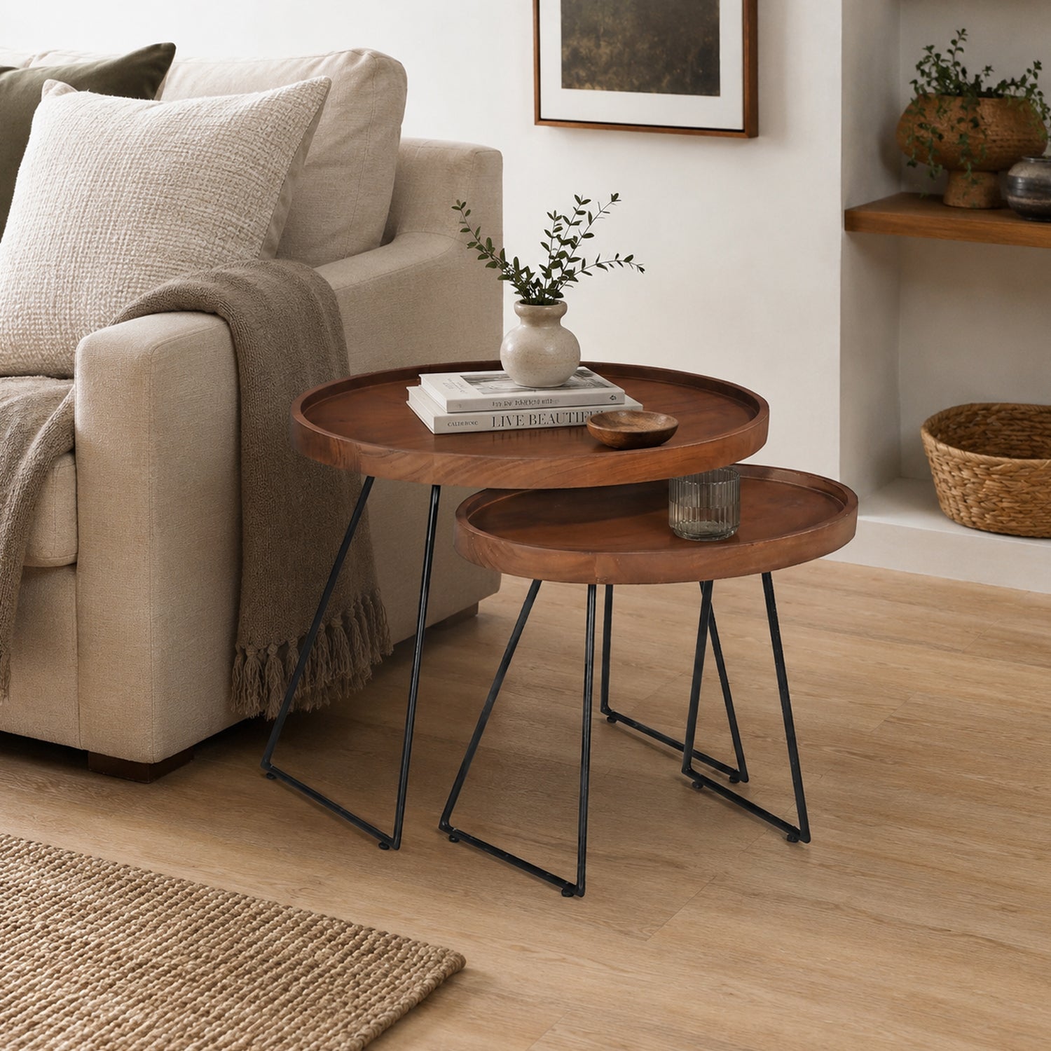 Amparo Acacia set of 2 coffee tables styled in a neutral living room.