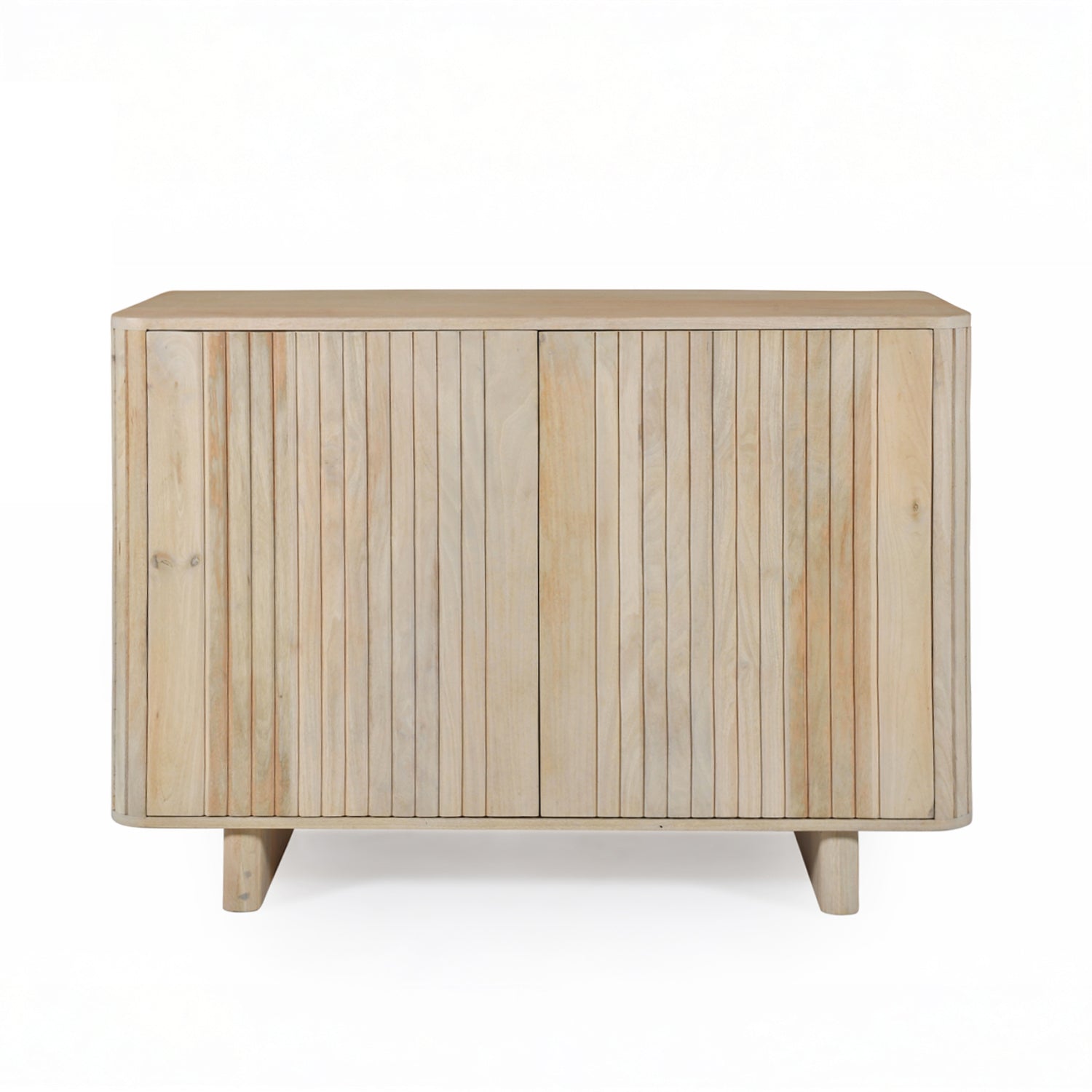 Front view of the Vicky sideboard in natural mango wood featuring slatted cupboard doors, rounded corners, and a clean contemporary design.