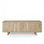 Natural mango wood entertainment unit with vertical slatted doors and rounded corners on a white background.