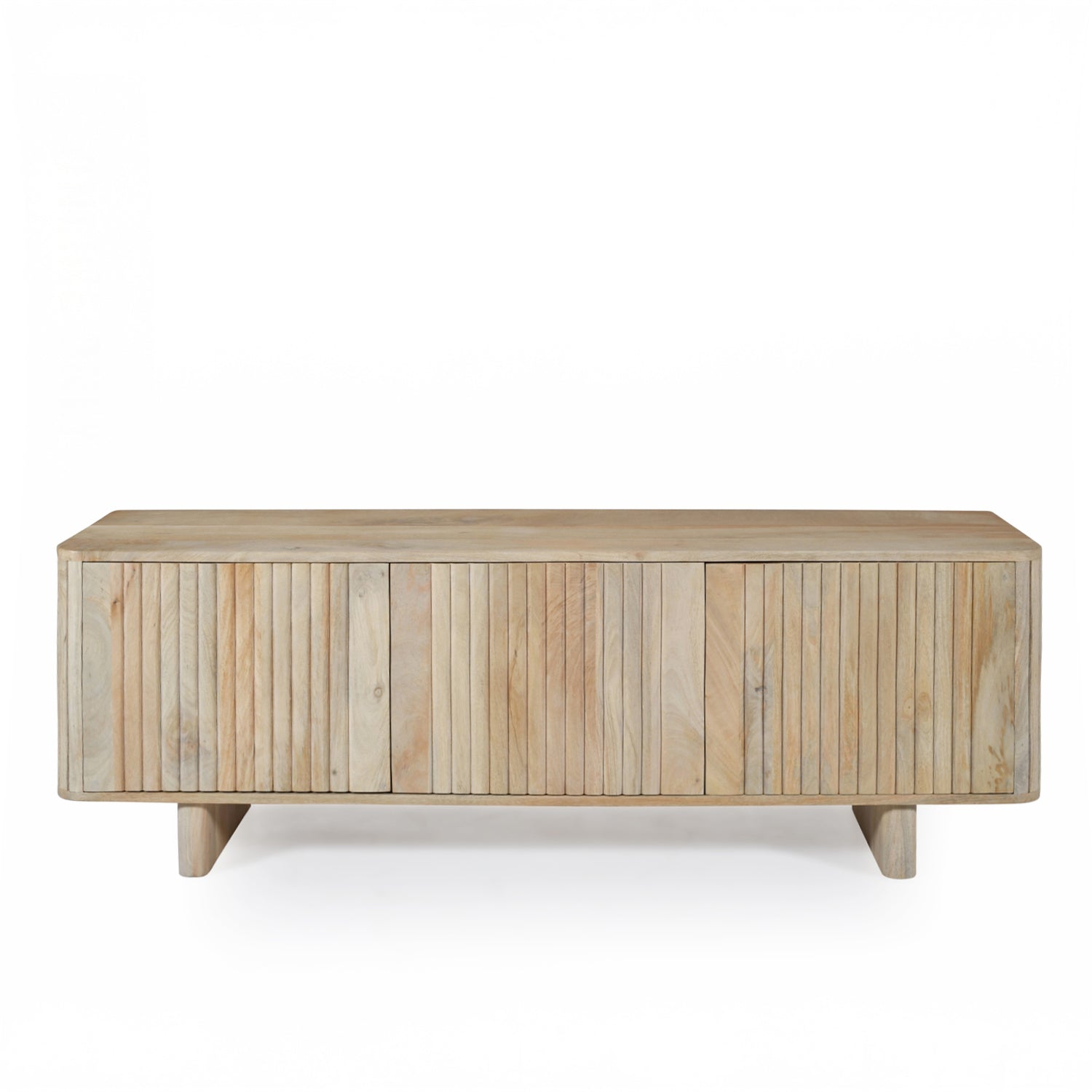 Natural mango wood entertainment unit with vertical slatted doors and rounded corners on a white background.