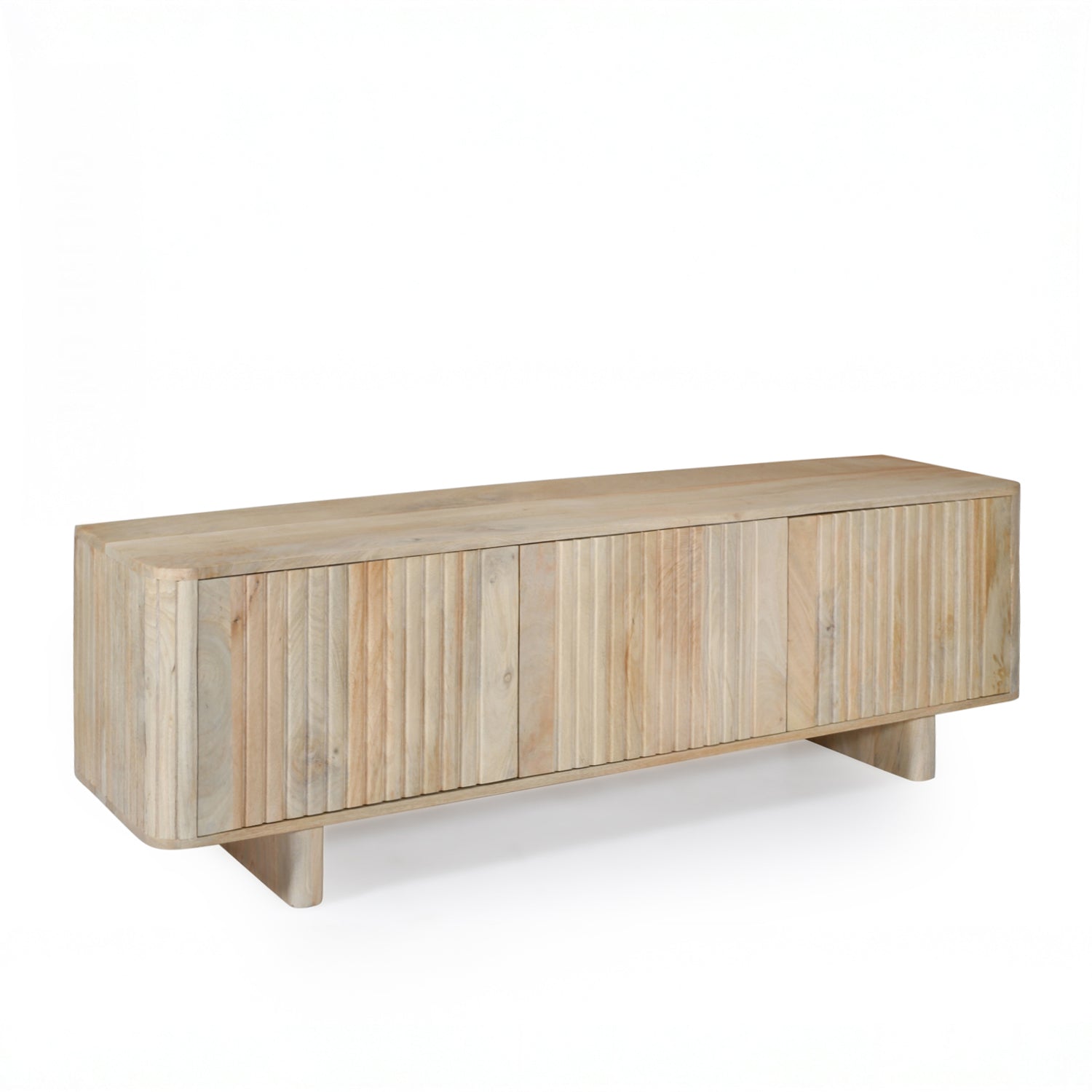 Angled view of the natural mango wood entertainment unit showcasing the rounded silhouette and slatted door design.