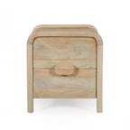 Front view of the Mango Shona bedside table in natural mango wood with two spacious drawers, rounded edges, and curved timber handles.