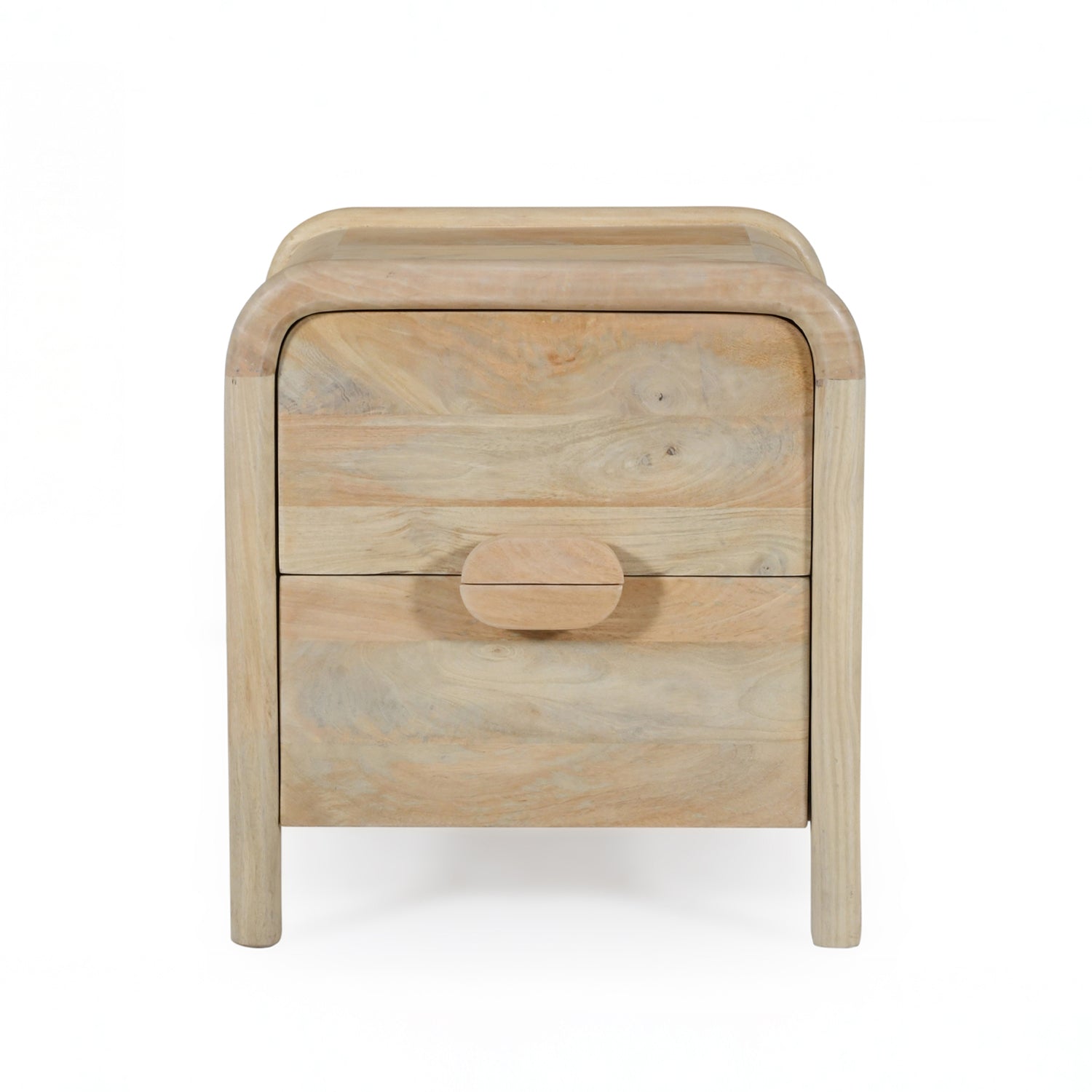 Front view of the Mango Shona bedside table in natural mango wood with two spacious drawers, rounded edges, and curved timber handles.