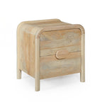 Mango Shona bedside table in natural mango wood featuring rounded corners, two drawers with curved timber handles, and a smooth contemporary silhouette.