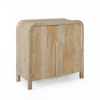 Mango Shona sideboard in natural mango wood featuring rounded corners, double-door cupboard storage, sculpted timber handles, and a contemporary curved silhouette.