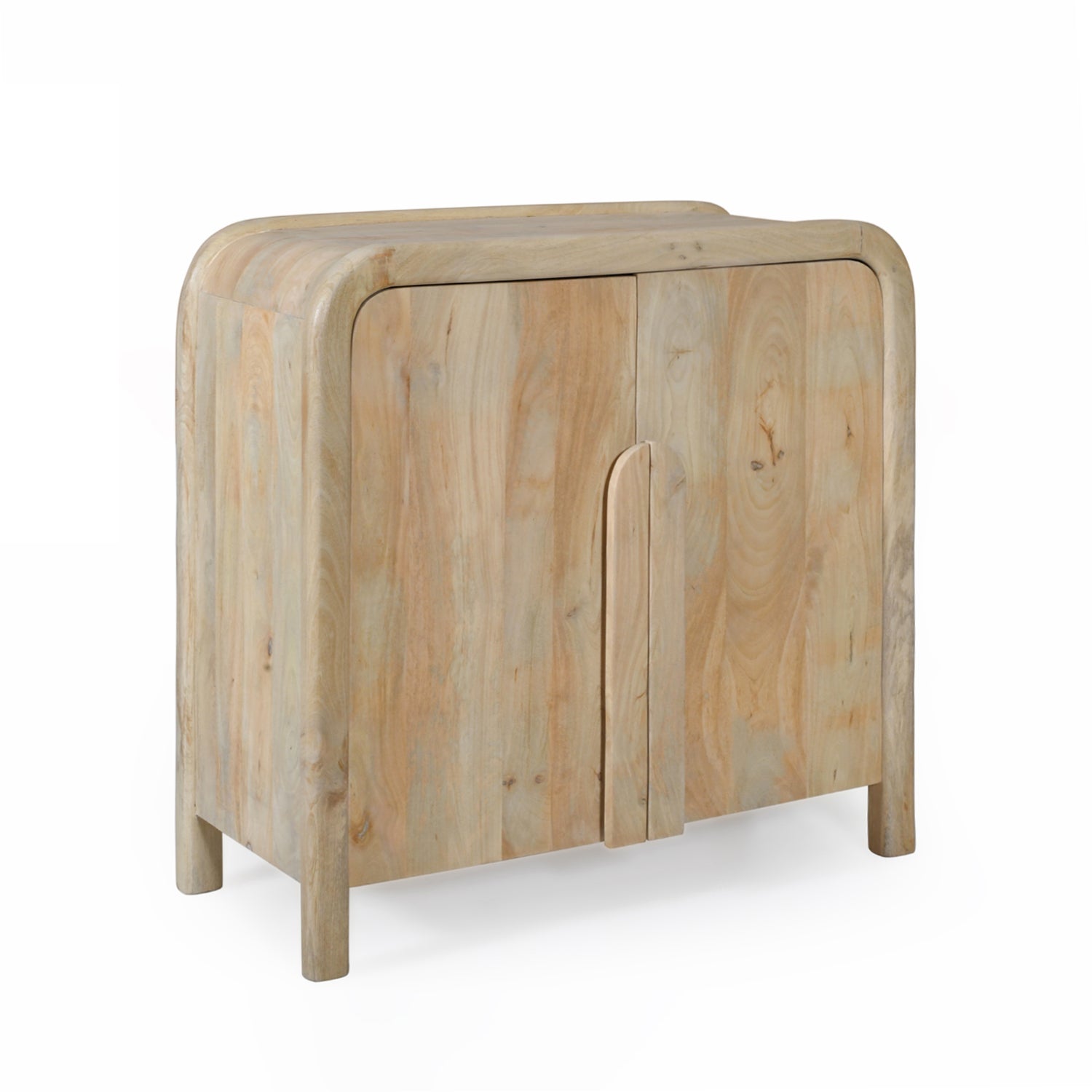Mango Shona sideboard in natural mango wood featuring rounded corners, double-door cupboard storage, sculpted timber handles, and a contemporary curved silhouette.