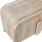 Close-up of the Shona entertainment unit highlighting the rounded corner profile, natural mango wood grain, and smooth curved edge detailing.