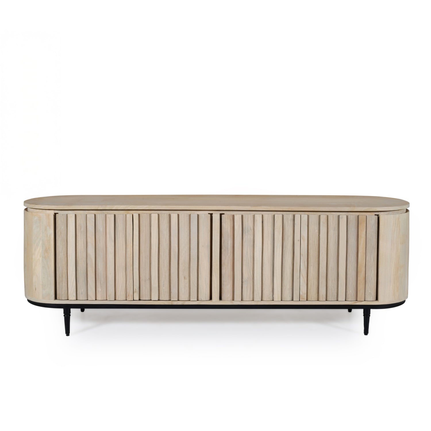 Natural mango wood entertainment unit with fluted sliding doors, rounded ends, and black metal legs on a white background.
