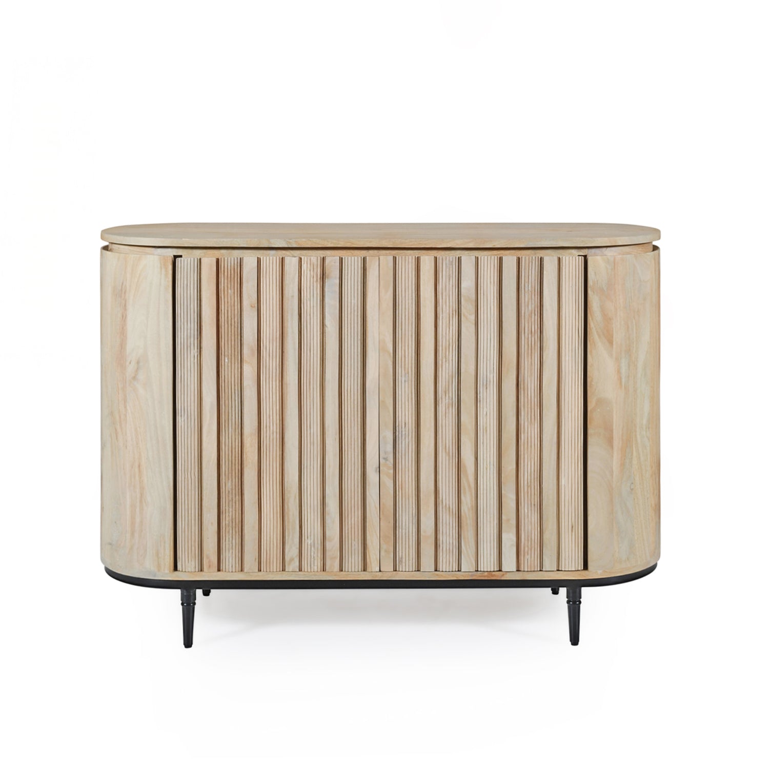 Amparo Mango Iron Sideboard in mango wood with a slatted front, rounded corners and black metal legs.