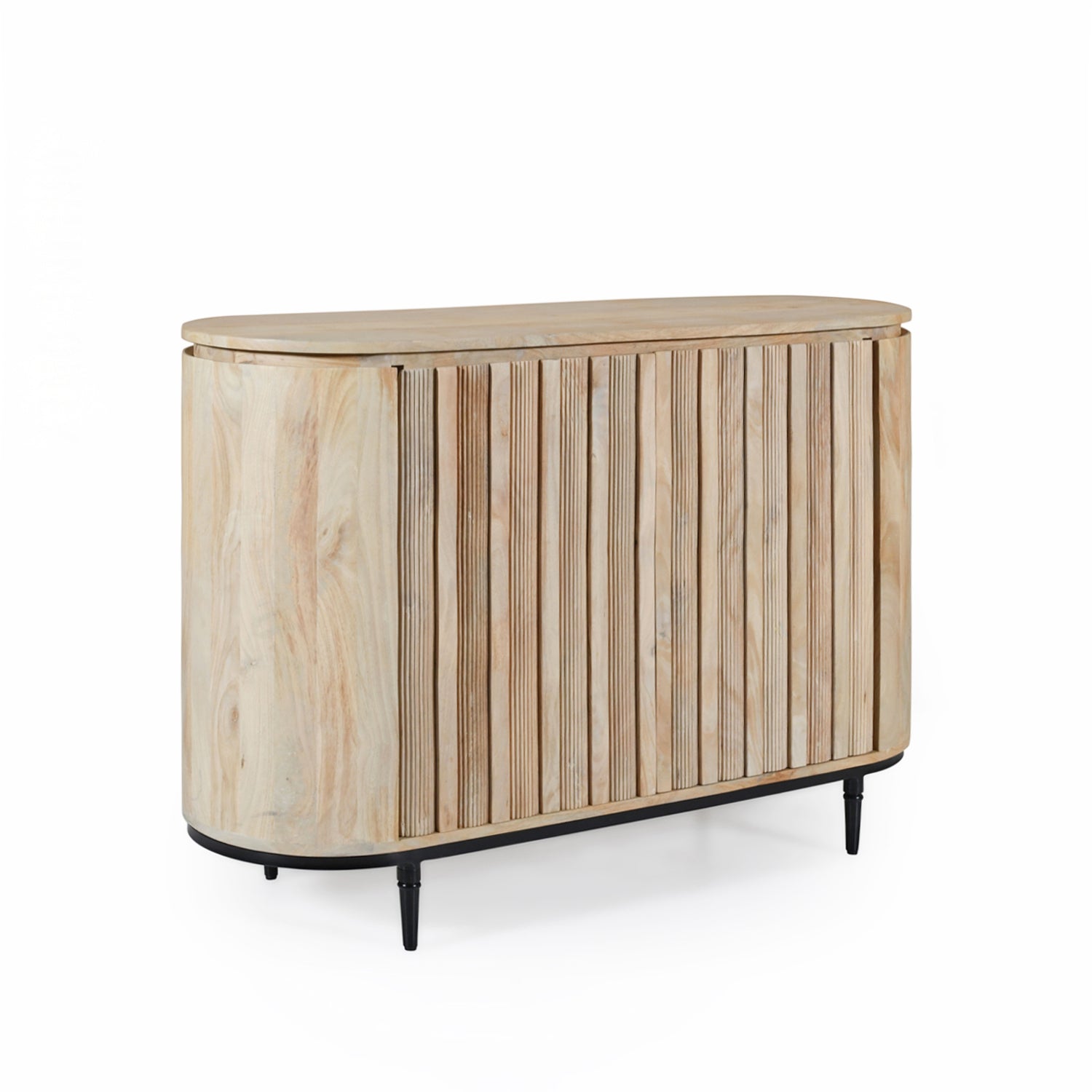 Amparo Mango Iron Sideboard shown on an angle, featuring a natural mango wood finish, slatted front doors and black metal legs.