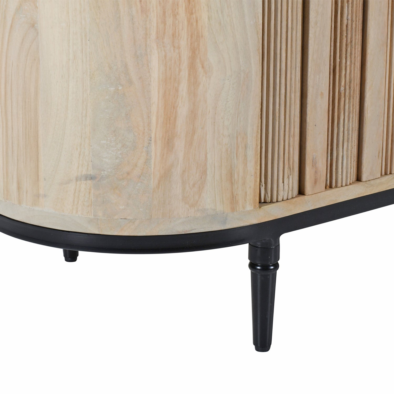 Close-up of the Amparo Mango Iron Sideboard showing the natural mango wood grain, slatted door detail and black metal leg.