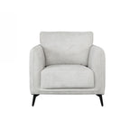 A light gray upholstered armchair with a high back, wide armrests, and tapered black legs, shown against a plain white background.