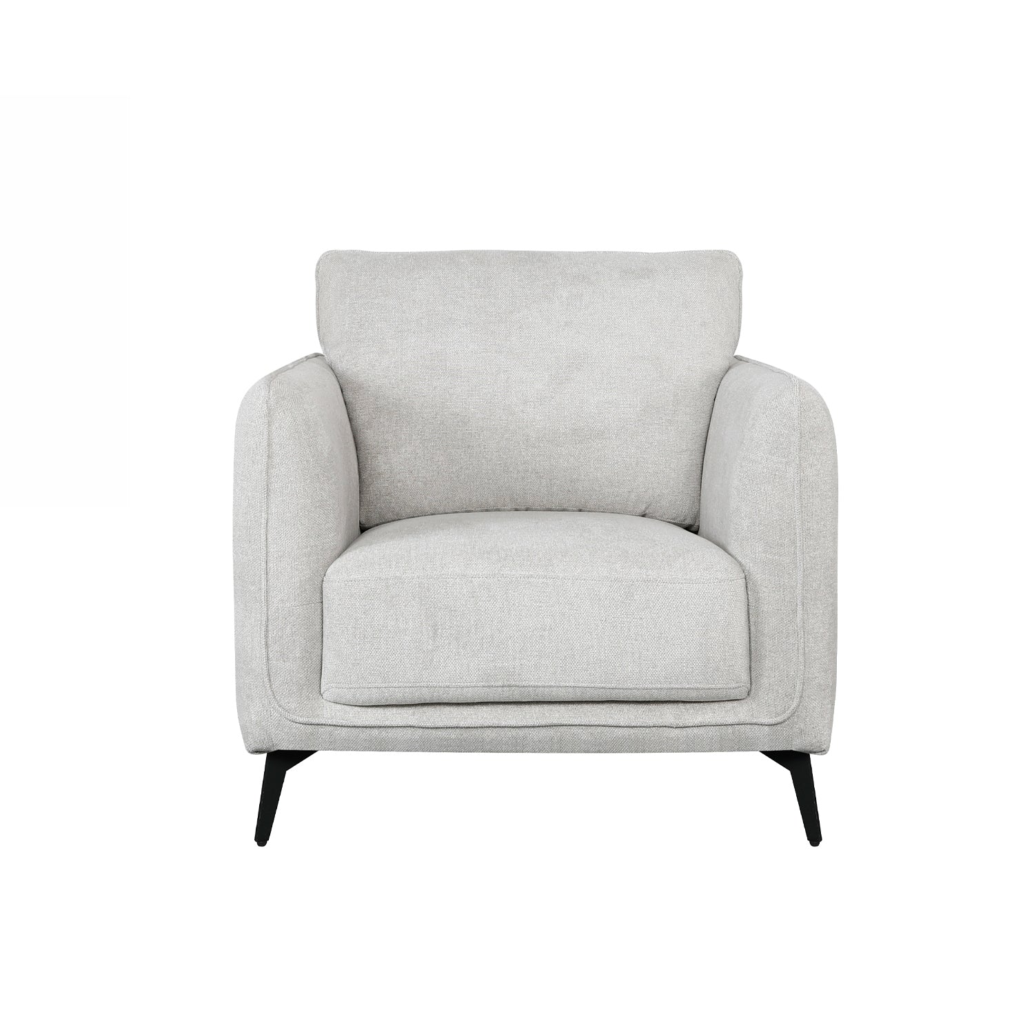 A light gray upholstered armchair with a high back, wide armrests, and tapered black legs, shown against a plain white background.