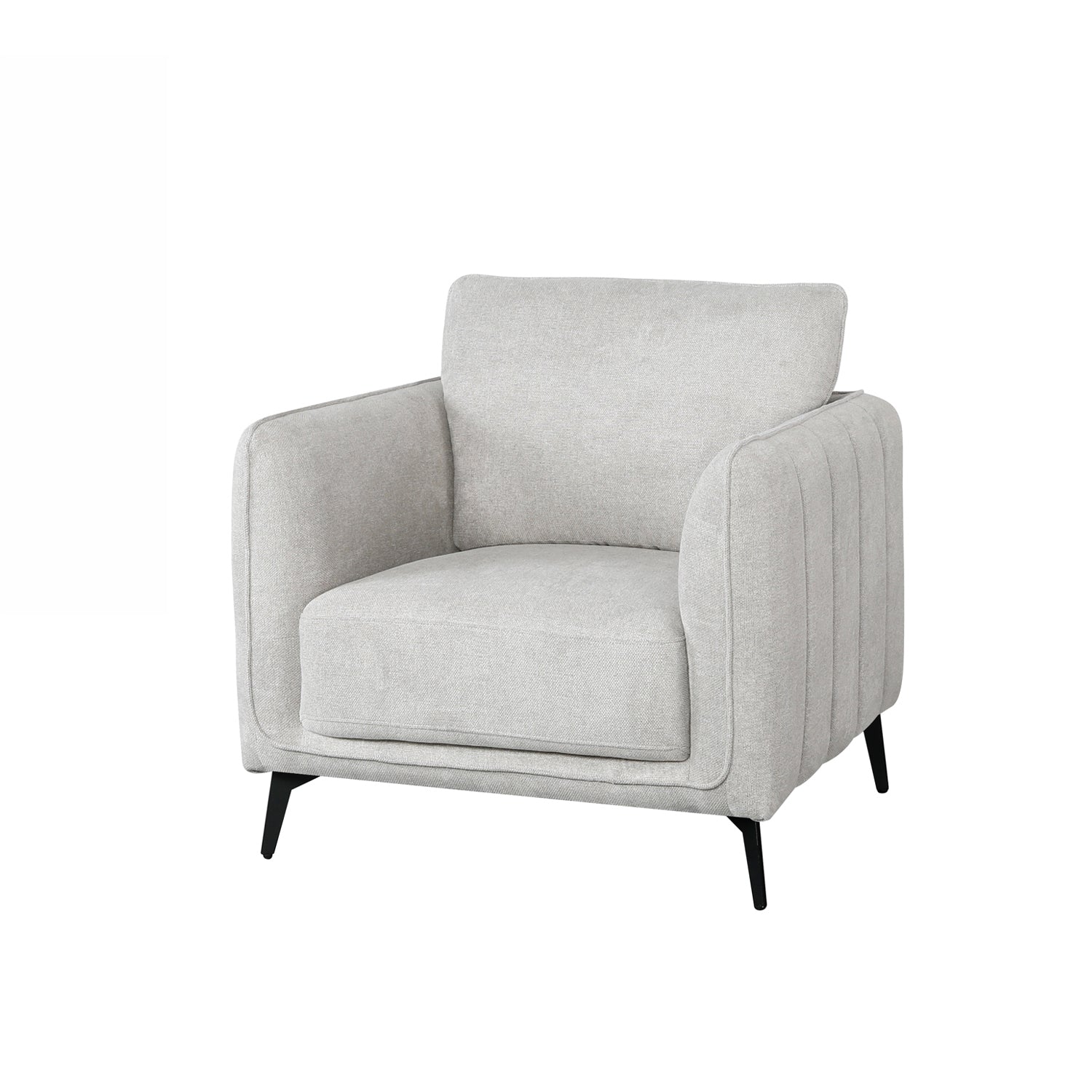 A light gray upholstered accent chair with a high back, wide armrests, vertical channel tufting on the sides, and slim black metal legs, shown on a plain white background.