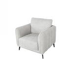 A modern light gray upholstered armchair with a high backrest, vertical channel tufting on the armrests, and slim black metal legs, shown on a plain white background.