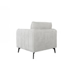 A light gray upholstered armchair with a square backrest and slim black legs, shown against a plain white background.