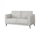 A light gray upholstered loveseat with two back cushions, two seat cushions, angled armrests, and slim black legs, shown on a plain white background.