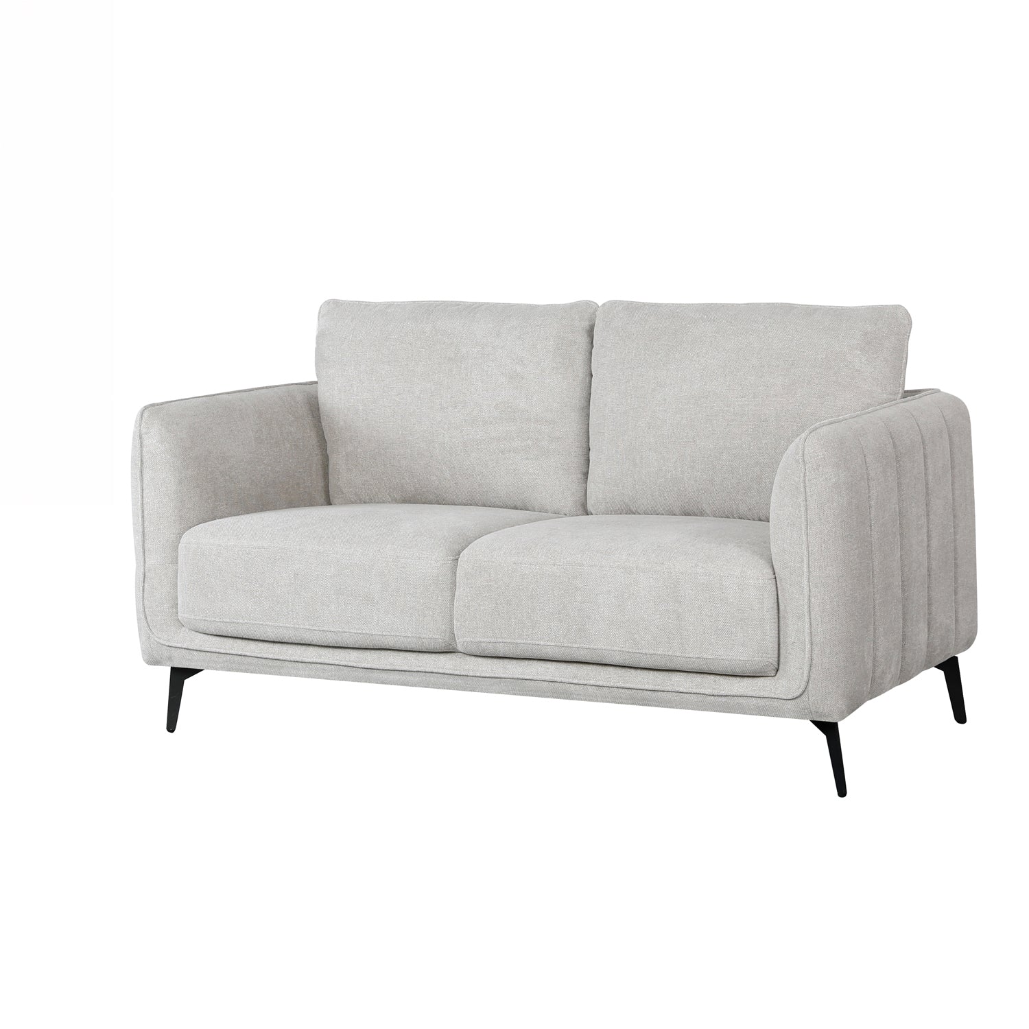 A light gray upholstered loveseat with two back cushions, two seat cushions, angled armrests, and slim black legs, shown on a plain white background.