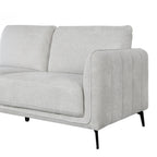 A light gray upholstered loveseat with two back cushions, rounded arms, and slim black legs, shown on a plain white background.