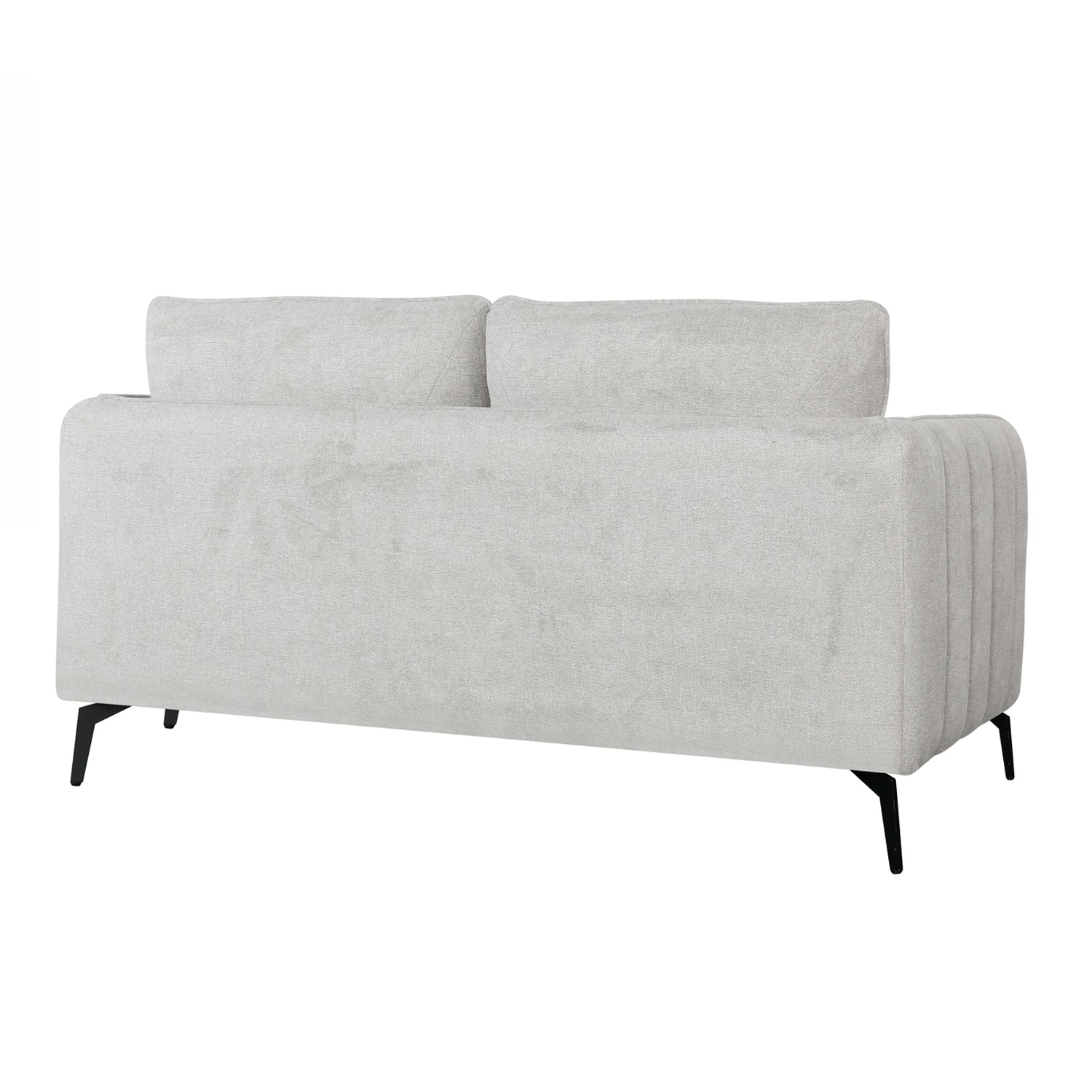 A light gray upholstered loveseat with two back cushions and slim black legs, shown against a plain white background.