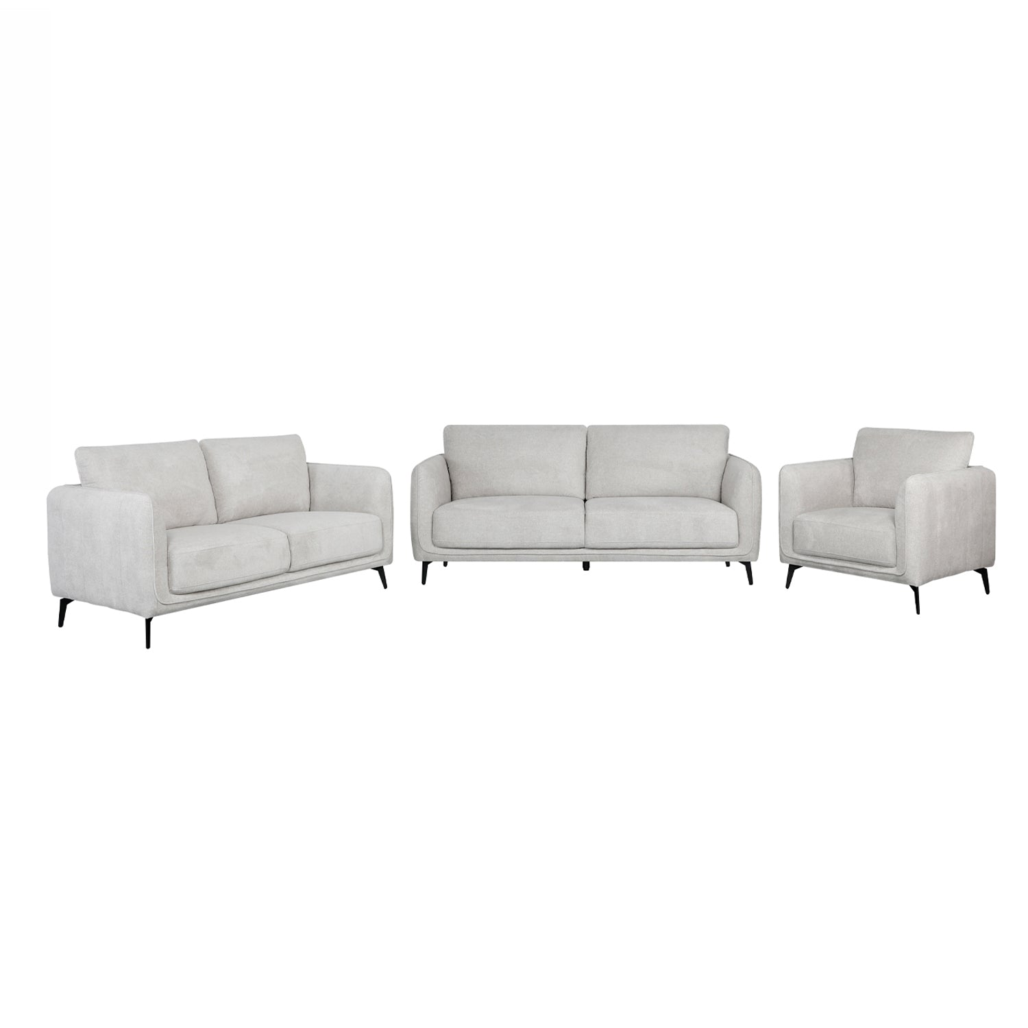 A light gray upholstered loveseat, single seat and matching three-seater sofa set with slim black legs, shown on a plain white background.
