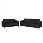 A two-piece dark gray fabric sofa set consisting of a two-seater loveseat and a three-seater sofa, both with slim black legs, shown against a plain white background.