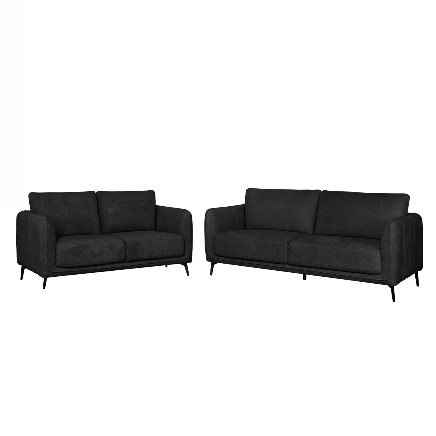 A two-piece dark gray fabric sofa set consisting of a two-seater loveseat and a three-seater sofa, both with slim black legs, shown against a plain white background.