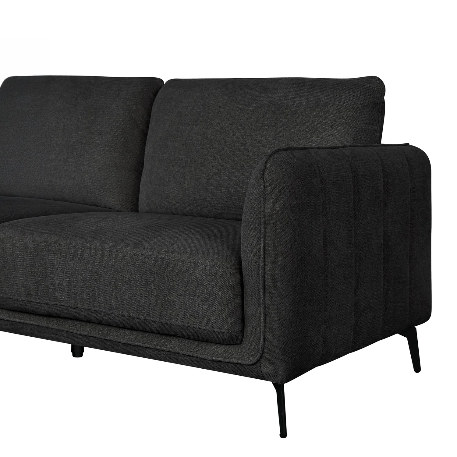 A modern two-seater sofa upholstered in dark charcoal gray textured fabric, featuring a wide rounded armrest with channel tufting and slim black metal legs, shown against a plain white background.