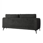 A modern two-seater sofa in dark charcoal gray fabric with slim black metal legs, shown from a three-quarter angle against a plain white background.