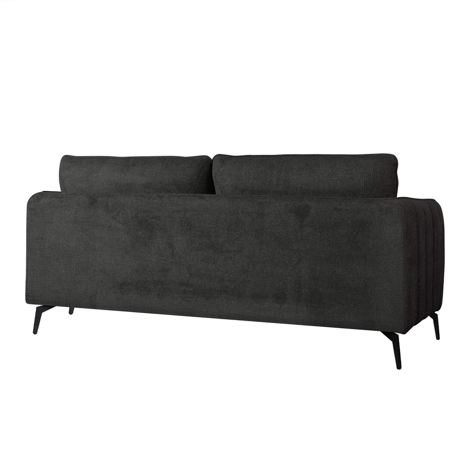 A modern two-seater sofa in dark charcoal gray fabric with slim black metal legs, shown from a three-quarter angle against a plain white background.