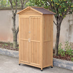 Wooden outdoor storage shed with a roof in a garden setting.