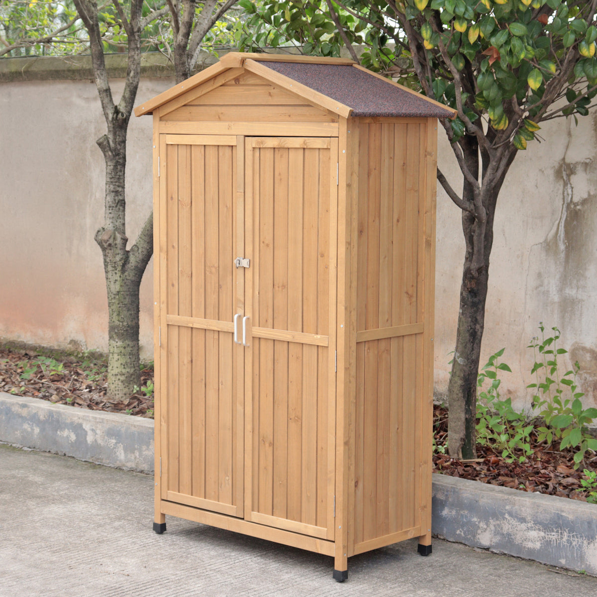 Wooden outdoor storage shed with a roof in a garden setting.