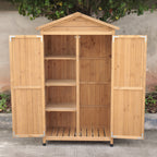 Wooden outdoor storage shed with open doors on a concrete surface.