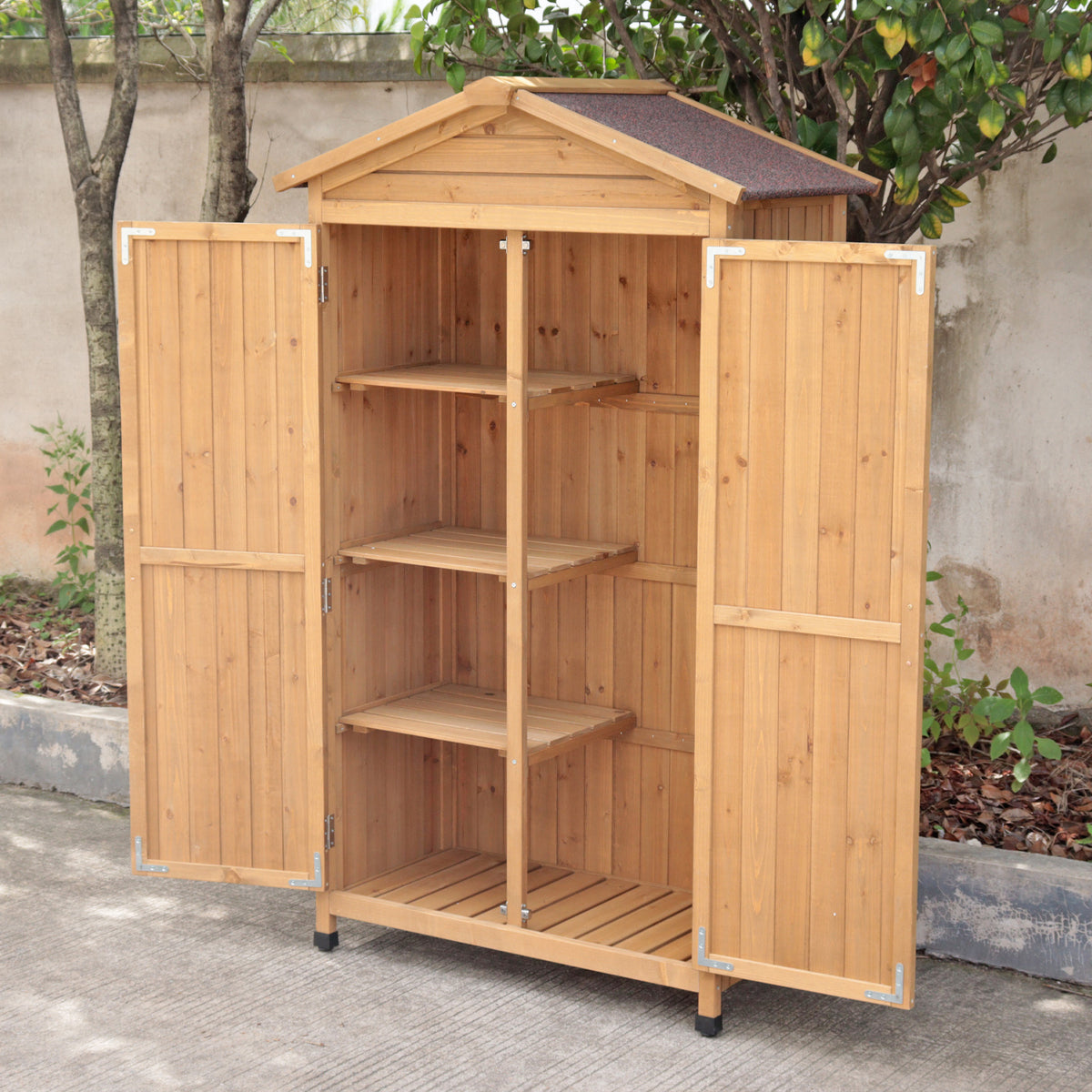 Wooden storage cabinet with shelves.